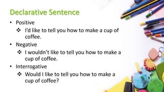 Declarative Sentence
• Positive
 I’d like to tell you how to make a cup of
coffee.
• Negative
 I wouldn’t like to tell you how to make a
cup of coffee.
• Interrogative
 Would I like to tell you how to make a
cup of coffee?
 