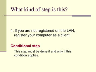 What kind of step is this? 4. If you are not registered on the LAN,  register your computer as a client. Conditional step This step must be done if and only if this  condition applies. 