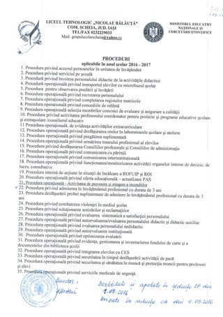 Proceduri aplicabile în anul școlar 2016- 2017