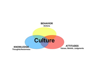 BEHAVIOR
Actions
ATTITUDES
Values, Beliefs, Judgments
KNOWLEDGE
Thoughts/Awareness
Culture
 