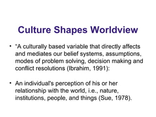 Culture Shapes Worldview
• “A culturally based variable that directly affects
and mediates our belief systems, assumptions,
modes of problem solving, decision making and
conflict resolutions (Ibrahim, 1991):
• An individual's perception of his or her
relationship with the world, i.e., nature,
institutions, people, and things (Sue, 1978).
 