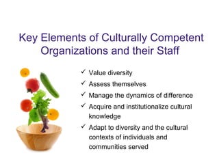 Key Elements of Culturally Competent
Organizations and their Staff
 Value diversity
 Assess themselves
 Manage the dynamics of difference
 Acquire and institutionalize cultural
knowledge
 Adapt to diversity and the cultural
contexts of individuals and
communities served
 