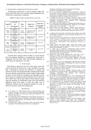 C. Cryptanalysis strength against brute force attack
The plain text and the key is used to produce cipher text
using AES, DES, Blow Fish, and the proposed algorithm and
a brute force search space is analyzed.
TABLE 4. BRUTE FORCE SEARCH SPACE ANALYSIS
Key used
Brute force
Algorith [in Plain Cipher Text
Search space
m hexadecima Text produced
analysis
l]
0368945f11
AES[12 1d0cbfc8a1 Good 7Ucho3w+xc1zM 2.95 x 1047
8 bit] 3886fd6ebf Morning QspXUVPLw==
5d
0368945f11
DES 1d0cbfc8a1 Good T0DxqUAivx37R 2.95 x 1047
3886fd6ebf Morning 6YgnCCrEw==
5d
0368945f11
Blow 1d0cbfc8a1 Good nLWGjYn+W2ic 2.95 x 1047
Fish 3886fd6ebf Morning CcW4P2iEpA==
5d
Propose 0368945f11
d 1d0cbfc8a1 Good wY^YyZ^T_X_ 3.81 x 1043
Algorith 3886fd6ebf Morning ^C0cbf
m 5d
From the above analysis shown in table 4, it can be proved
that the proposed algorithm is comparatively strong and is
competent with the AES, DES and blowfish algorithm as
search space for attacking is very close.
V. CONCLUSION
Data Security and privacy are one of the major issues that
exist in all levels of cloud service. A new method for securing
data is proposed to increase the efficiency of storage and
retrieval in cloud .The proposed model is tested and the results
showcase that the proposed data security model is light weight
in terms of time taken for encryption and decryption and is
98.7% faster as compared existing methods such as AES and
DES. Brute force search space analysis shows that the search
space for attacking is considerably on par with AES and DES
algorithm hence time taken to crack the cipher text in
traditional methods and the proposed methods are same as
shown in the above results and comparisons.
REFERENCES
[1] R. R. Gupta et al., "Data storage security in cloud computing using
container clustering," 2016 IEEE 7th Annual Ubiquitous Computing,
Electronics & Mobile Communication Conference (UEMCON), New
York, NY, 2016, pp. 1-7.
[2] B. Thiyagarajan and R. Kamalakannan, "Data integrity and security in
cloud environment using AES algorithm," International Conference on
Information Communication and Embedded Systems (ICICES2014),
Chennai, 2014, pp. 1-5.
[3] S. Kaushik and C. Gandhi, "Cloud data security with hybrid symmetric
encryption," 2016 International Conference on Computational
Techniques in Information and Communication Technologies
(ICCTICT), New Delhi, 2016, pp. 636-640.
[4] K. B. P. Iyer, Manisha R, Subhashree R and Vedhavalli K, "Analysis of
data security in Cloud Computing," 2016 2nd International Conference
on Advances in Electrical, Electronics, Information, Communication and
Bio-Informatics (AEEICB), Chennai, 2016, pp. 540-543.
[5] S. Manjula, M. Indra and R. Swathiya, "Division of data in cloud
environment for secure data storage," 2016 International Conference on
Computing Technologies and Intelligent Data Engineering
(ICCTIDE'16), Kovilpatti, 2016, pp. 1-5.
[6] M. K. Sarkar and Trijit Chatterjee, “Enhancing Data Storage Security in
Cloud Computing Through Steganography”, ACEEE Int. J. on Network
Security, Vol. 5, No. 1, Jan 2014, pp. 13-19.
[7] Sidhu, Aparjita, and Rajiv Mahajan. "Research Article Enhancing
Security In Cloud Computing Structure By Hybrid Encryption."
International Journal of Recent Scientific Research 5 (2014): 128-132.
[8] A. Bhagat and R. Kant Sahu, "Cloud Data Security While using Third
Party Auditor", International Journal of Computer Applications, vol. 70,
no. 16, , 2013, pp. 9-13.
[9] Dastjerdi, Amir Vahid, Kamalrulnizam Abu Bakar, and Sayed Gholam
Hassan Tabatabaei. "Distributed intrusion detection in clouds using
mobile agents." Advanced Engineering Computing and Applications in
Sciences, 2009. ADVCOMP'09. Third International Conference on.
IEEE, 2009
[10] Singla, Sanjoli, and Jasmeet Singh. "Cloud data security using
authentication and encryption technique." Global Journal of Computer
Science and Technology 13.3 (2013).
[11] V .Yadav and P. Aggarwal, “Fingerprinting Based Recursive
Information Hiding Strategy in Cloud Computing Environment”
International Journal of Computer Science and Mobile Computing,
Vol.3 Issue.5, May- 2014, pg. 702-707
[12] Rishav Ray, Jeeyan Sanyal, Debanjan Das, Asoke Nath. “A new
Challenge of hiding any encrypted secret message inside any
Text/ASCII file or in MS word file: RJDA Algorithm”. 2012 IEEE
International Conference on Communication Systems and Network
Technologies
[13] Nath, Joyshree, et al. "New Steganography algorithm using encrypted
secret message." Proceedings of Worldcomp 2011 Held at Las Vegas
(USA), 18-21 Jul, 2011 (2011).
[14] Nath, Joyshree. "A challenge in hiding encrypted message in LSB and
LSB+ 1 bit positions in various cover files." Journal of global research
in computer science 2.4 (2011): 180-185.
[15] S. Manjula, M. Indra and R. Swathiya, "Division of data in cloud
environment for secure data storage," 2016 International Conference on
Computing Technologies and Intelligent Data Engineering
(ICCTIDE'16), Kovilpatti, 2016, pp. 1-5.
[16] M. Ahmadi, F. Fatemi Moghaddam, A. J. Jam, S. Gholizadeh and M.
Eslami, "A 3-level re-encryption model to ensure data protection in
cloud computing environments," 2014 IEEE Conference on Systems,
Process and Control (ICSPC 2014), Kuala Lumpur, 2014, pp. 36-40.
[17] K. V. Raipurkar and A. V. Deorankar, "Improve data security in cloud
environment by using LDAP and two way encryption algorithm," 2016
Symposium on Colossal Data Analysis and Networking (CDAN),
Indore, 2016, pp. 1-4.
[18] Jayapandian, A. M. J. M. Z. Rahman, M. Koushikaa and S.
Radhikadevi, "A novel approach to enhance multi level security system
using encryption with fingerprint in cloud," 2016 World Conference on
Futuristic Trends in Research and Innovation for Social Welfare
(Startup Conclave), Coimbatore, 2016, pp. 1-5.
[19] Nath, Joyshree, and Asoke Nath. "Advanced Steganography Algorithm
using encrypted secret message." International journal of advanced
computer science and applications 2.3 (2011).
[20] Gampala, Veerraju, Srilakshmi Inuganti, and Satish Muppidi. "Data
security in cloud computing with elliptic curve cryptography."
International Journal of Soft Computing and Engineering (IJSCE) 2.3
(2012): 138-141.
International Conference on Electrical, Electronics, Computers, Communication, Mechanical and Computing (EECCMC)
Page 349 of 433
 