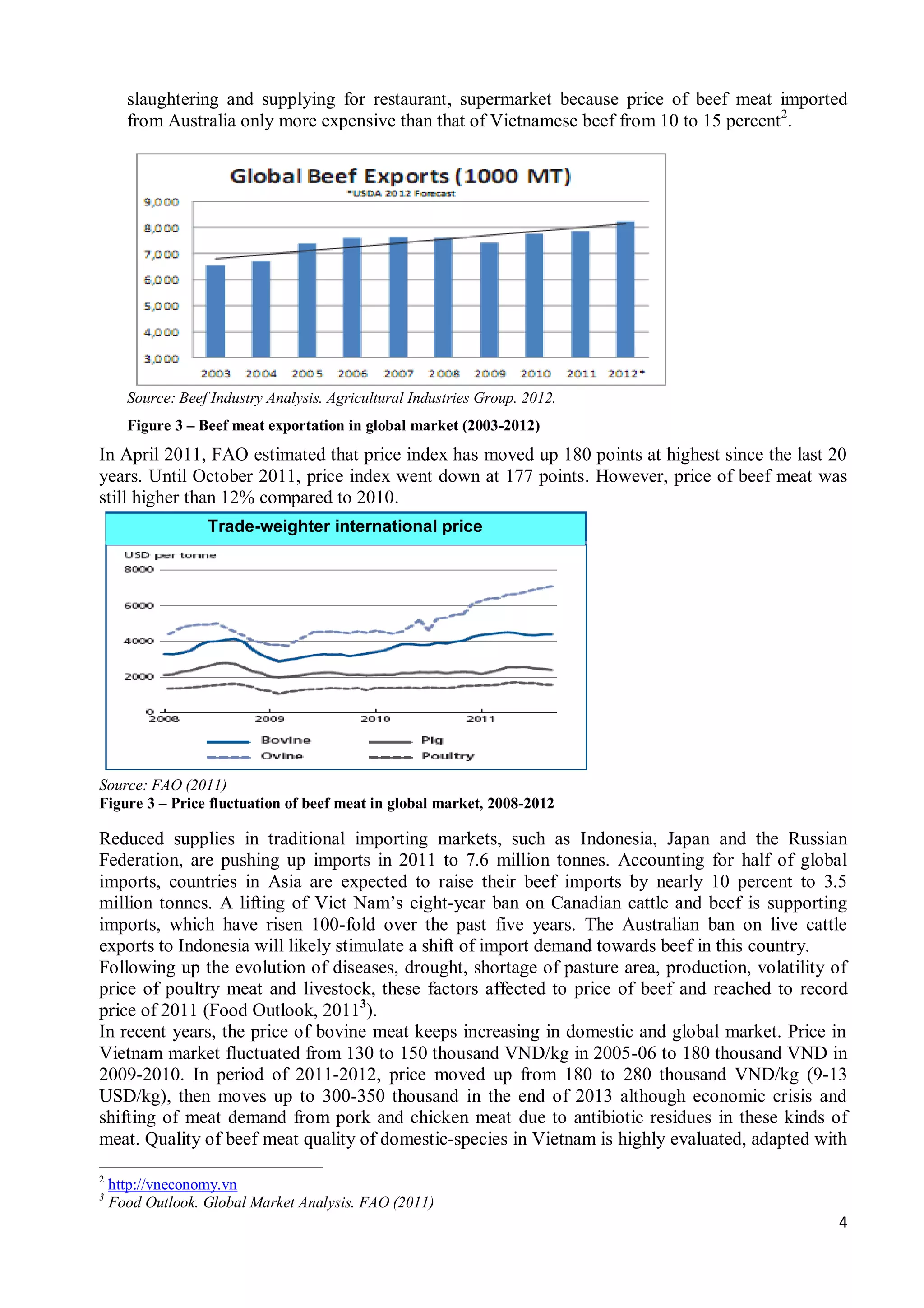 4
slaughtering and supplying for restaurant, supermarket because price of beef meat imported
from Australia only more expensive than that of Vietnamese beef from 10 to 15 percent2
.
Source: Beef Industry Analysis. Agricultural Industries Group. 2012.
Figure 3 – Beef meat exportation in global market (2003-2012)
In April 2011, FAO estimated that price index has moved up 180 points at highest since the last 20
years. Until October 2011, price index went down at 177 points. However, price of beef meat was
still higher than 12% compared to 2010.
Source: FAO (2011)
Figure 3 – Price fluctuation of beef meat in global market, 2008-2012
Reduced supplies in traditional importing markets, such as Indonesia, Japan and the Russian
Federation, are pushing up imports in 2011 to 7.6 million tonnes. Accounting for half of global
imports, countries in Asia are expected to raise their beef imports by nearly 10 percent to 3.5
million tonnes. A lifting of Viet Nam’s eight-year ban on Canadian cattle and beef is supporting
imports, which have risen 100-fold over the past five years. The Australian ban on live cattle
exports to Indonesia will likely stimulate a shift of import demand towards beef in this country.
Following up the evolution of diseases, drought, shortage of pasture area, production, volatility of
price of poultry meat and livestock, these factors affected to price of beef and reached to record
price of 2011 (Food Outlook, 20113
).
In recent years, the price of bovine meat keeps increasing in domestic and global market. Price in
Vietnam market fluctuated from 130 to 150 thousand VND/kg in 2005-06 to 180 thousand VND in
2009-2010. In period of 2011-2012, price moved up from 180 to 280 thousand VND/kg (9-13
USD/kg), then moves up to 300-350 thousand in the end of 2013 although economic crisis and
shifting of meat demand from pork and chicken meat due to antibiotic residues in these kinds of
meat. Quality of beef meat quality of domestic-species in Vietnam is highly evaluated, adapted with
2
http://vneconomy.vn
3
Food Outlook. Global Market Analysis. FAO (2011)
Trade-weighter international price
 