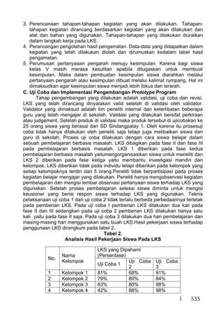 535
3. Perencanaan tahapan-tahapan kegiatan yang akan dilakukan. Tahapan-
tahapan kegiatan dirancang berdasarkan kegiatan yang akan dilakukan dan
alat dan bahan yang digunakan. Tahapan-tahapan yang dilakukan diuraikan
dalam langkah kerja pada LKS.
4. Perancangan pengolahan hasil pengamatan. Data-data yang didapatkan dalam
kegiatan yang telah dilakukan diolah dan dirumuskan kedalam tabel hasil
pengamatan.
5. Perumusan pertanyaaan pengarah menuju kesimpulan. Karena bagi siswa
kelas V masih merasa kesulitan apabila ditugaskan untuk membuat
kesimpulan. Maka dalam pembuatan kesimpulan siswa diarahkan melalui
pertanyaan pengarah atau kesimpulan dibuat melalui kalimat rumpang. Hal ini
dimaksudkan agar kesimpulan siswa menjadi lebih fokus dan terarah.[
C. Uji Coba dan Implementasi Pengembangan Prototype Program
Tahap pengembangan yang dilakukan adalah validasi, uji coba dan revisi.
LKS yang telah dirancang dinyatakan valid setelah di validasi oleh validator.
Validator yang dimaksud adalah tim peneliti internal dan keterlibatan beberapa
guru yang telah mengajar di sekolah. Validasi yang dilakukan bersifat perkiraan
atau judgement. Setelah produk di validasi maka produk tersebut di ujicobakan ke
25 orang siswa yang berasal dari SD Sindangpalay 1. Oleh karena itu prosesuji
coba tidak hanya dilakukan oleh peneliti saja tetapi juga melibatkan siswa dan
guru di sekolah. Proses uji coba dilakukan dengan cara siswa belajar dalam
sebuah pembelajaran berbasis masalah. LKS dibagikan pada fase II dan fase III
pada pembelajaran berbasis masalah. LKS 1 diberikan pada fase kedua
pembelajaran berbasis masalah yaitumengorganisasikan siswa untuk meneliti dan
LKS 2 diberikan pada fase ketiga yaitu membantu investigasi mandiri dan
kelompok. LKS diberikan tidak pada individu tetapi diberikan pada kelompok yang
setiap kelompoknya terdiri dari 5 orang.Peneliti tidak berpartisipasi pada proses
kegiatan belajar mengajar yang dilakukan. Peneliti hanya mengobservasi kegiatan
pembelajaran dan mengisi lembar observasi pertanyaan siswa terhadap LKS yang
digunakan. Setelah proses pembelajaran selesai siswa diminta untuk mengisi
keusioner yang berisi respon siswa terhadap LKS yang digunakan. Teknis
pelaksanaan uji coba 1 dan uji coba 2 tidak terlalu berbeda perbedaannya terletak
pada pemberian LKS. Pada uji coba I pemberian LKS dilakukan dua kali pada
fase II dan III sedangkan pada uji coba 2 pemberian LKS dilakukan hanya satu
kali yaitu pada fase II saja. Pada uji coba 3 dilakukan dua hari pembelajaran dan
masing-masing hari menggunakan satu buah LKS.Hasil pekerjaan siswa terhadap
penggunaan LKS dirangkum pada tabel 2.
Tabel 2.
Analisis Hasil Pekerjaan Siswa Pada LKS
No.
Nama
Kelompok
LKS yang Dipahami
(Persentase)
Uji Coba 1
Uji Coba
2
Uji Coba
3
1 Kelompok 1 81% 68% 91%
2 Kelompok 2 79% 80% 84%
3 Kelompok 3 63% 80% 98%
4 Kelompok 4 42% 88% 98%
 