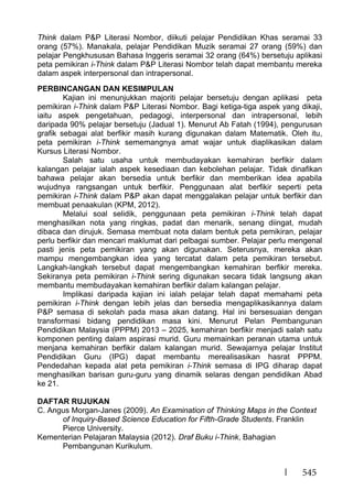 545
Think dalam P&P Literasi Nombor, diikuti pelajar Pendidikan Khas seramai 33
orang (57%). Manakala, pelajar Pendidikan Muzik seramai 27 orang (59%) dan
pelajar Pengkhususan Bahasa Inggeris seramai 32 orang (64%) bersetuju aplikasi
peta pemikiran i-Think dalam P&P Literasi Nombor telah dapat membantu mereka
dalam aspek interpersonal dan intrapersonal.
PERBINCANGAN DAN KESIMPULAN
Kajian ini menunjukkan majoriti pelajar bersetuju dengan aplikasi peta
pemikiran i-Think dalam P&P Literasi Nombor. Bagi ketiga-tiga aspek yang dikaji,
iaitu aspek pengetahuan, pedagogi, interpersonal dan intrapersonal, lebih
daripada 90% pelajar bersetuju (Jadual 1). Menurut Ab Fatah (1994), pengurusan
grafik sebagai alat berfikir masih kurang digunakan dalam Matematik. Oleh itu,
peta pemikiran i-Think sememangnya amat wajar untuk diaplikasikan dalam
Kursus Literasi Nombor.
Salah satu usaha untuk membudayakan kemahiran berfikir dalam
kalangan pelajar ialah aspek kesediaan dan kebolehan pelajar. Tidak dinafikan
bahawa pelajar akan bersedia untuk berfikir dan memberikan idea apabila
wujudnya rangsangan untuk berfikir. Penggunaan alat berfikir seperti peta
pemikiran i-Think dalam P&P akan dapat menggalakan pelajar untuk berfikir dan
membuat penaakulan (KPM, 2012).
Melalui soal selidik, penggunaan peta pemikiran i-Think telah dapat
menghasilkan nota yang ringkas, padat dan menarik, senang diingat, mudah
dibaca dan dirujuk. Semasa membuat nota dalam bentuk peta pemikiran, pelajar
perlu berfikir dan mencari maklumat dari pelbagai sumber. Pelajar perlu mengenal
pasti jenis peta pemikiran yang akan digunakan. Seterusnya, mereka akan
mampu mengembangkan idea yang tercatat dalam peta pemikiran tersebut.
Langkah-langkah tersebut dapat mengembangkan kemahiran berfikir mereka.
Sekiranya peta pemikiran i-Think sering digunakan secara tidak langsung akan
membantu membudayakan kemahiran berfikir dalam kalangan pelajar.
Implikasi daripada kajian ini ialah pelajar telah dapat memahami peta
pemikiran i-Think dengan lebih jelas dan bersedia mengaplikasikannya dalam
P&P semasa di sekolah pada masa akan datang. Hal ini bersesuaian dengan
transformasi bidang pendidikan masa kini. Menurut Pelan Pembangunan
Pendidikan Malaysia (PPPM) 2013 – 2025, kemahiran berfikir menjadi salah satu
komponen penting dalam aspirasi murid. Guru memainkan peranan utama untuk
menjana kemahiran berfikir dalam kalangan murid. Sewajarnya pelajar Institut
Pendidikan Guru (IPG) dapat membantu merealisasikan hasrat PPPM.
Pendedahan kepada alat peta pemikiran i-Think semasa di IPG diharap dapat
menghasilkan barisan guru-guru yang dinamik selaras dengan pendidikan Abad
ke 21.
DAFTAR RUJUKAN
C. Angus Morgan-Janes (2009). An Examination of Thinking Maps in the Context
of Inquiry-Based Science Education for Fifth-Grade Students. Franklin
Pierce University.
Kementerian Pelajaran Malaysia (2012). Draf Buku i-Think, Bahagian
Pembangunan Kurikulum.
 