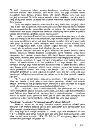 569
PA telah benar-benar faham tentang kandungan penulisan refleksi dan ia
biasanya menulis lebih daripada satu muka surat. PA juga sentiasa dapat
mengaitkan teori dengan amalan dalam bilik darjah. Melalui temu bual juga
pengkaji mendapati PA lebih selesa menulis refleksi praktikum mengikut teknik
yang ditunjukkan kerana ia dapat mencatatkan maklumat secara teratur langkah
demi langkah.
Temu bual separa berstruktur bersama PA yang diselia oleh pengkaji dalam
Fasa 1 dan Fasa 2 praktikum, menunjukkan beliau sudah terbiasa menulis refleksi
dengan penaakulan dan mengaitkan amalan pengajaran dan pembelajaran yang
dilalui dalam bilik darjah dengan teori berkaitan di samping menekankan impaknya
kepada perkembangan profesionalisme keguruan diri :
PA: “…..pada permulaan Fasa ke-3 saya masih meneruskan apa yang encik ajar
saya iaitu mengaitkan teori dan penaakulan, tapi memandangkan pensyarah lain
pula yang membimbing saya, jadi saya terpaksa mengikut cara yang pensyarah
saya yang itu tetapkan….pada peringkat awal, sebelum lecturer datang, saya
masih menggunakan teori. Saya kaitkan segala kekuatan dan kelemahan,
…masih ada penaakulan, cuma tidak dikaitkan dengan teori…”
Dapatan daripada temubual ini jelas menunjukkan pelajar berasa selesa
dengan penulisan refleksi bersama penaakulan, cuma terpaksa untuk tidak
mengaitkan teori dengan amalan dalam bilik darjah kerana pensyarah penyelia
yang baharu memfokuskan penulisan refleksi berkaitan pedagogi guru sahaja.
PC: “Semasa praktikum 2, saya memang menerapkan teori dalam penulisan
refleksi…di bawah seliaan encik, tapi praktikum 3 pun saya dengan PA…, pada
peringkat awalnya saya masih terbawa-bawalah benda tu, sebab benda tu benda
yang bagus untuk pemikiran reflektif saya….dengan secara tak langsungnya
dapat praktikkan baliklah apa yang kami belajar….tapi di atas permintaan
pensyarah praktikum 3, saya terpaksa mengikut (cara) dial lah, cuma ada juga
sesetengah refleksi saya masukkan juga sebab benda tu tidak menjadi masalah
juga pun…”
PE: “…teori sangat perlu….sejujurnya praktikum 1 dan praktikum 2 saya
tidak tahu benda ni, tidak adapun teori dalam penulisan refleksi. Jadi setelah
ditegur (bimbingan oleh pengkaji) dalam praktikum 3, saya fikir teori ni (bagus)
sebab kita mengaplikasikan apa yang dipelajari di bilik kuliah…. “
PD : “…praktikum 1 dan 2 sama seperti PE…lain pensyarah lain caranya.
Hanya menyatakan objektif tercapai, dan kenapa. Jadi, tidak juga mahu masukkan
teori. Selepas yang fasa ke-3 ni , bagi saya teori ni perlu dimasukkan …penulisan
reflektif ni adalah suatu penulisan ilmiah..jadi ia perlu ada satu sokongan, dan
sebenarnya ia banyak membantu la…refresh balik apa yang saya pelajari.”
Penerimaan Responden Terhadap Amalan Penulisan Reflektif
Kesemua responden bersetuju bahawa amalan penulisan reflektif perlu
dilakukan oleh mereka setelah selesai sesi pengajaran dan pembelajaran dan
tidak mengganggap ia sebagai beban kerja :
PD : “bagi saya tidak menjadi masalah la…sebab bagi saya melaksanakan satu
P d P tu macam saya hanya menulis balik apa yang saya telah aplikasikan…jadi
tidak menjadi suatu masalah.” (PA, PB, PC dan PE mengganggukkan kepala
tanda bersetuju dengan kenyataan PD)
 