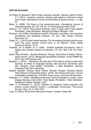 595
DAFTAR RUJUKAN
Ali Khalid Ali Bawaneh, Abdul Ghani Kanesan Abdullah, Salmiza Saleh & Khoo,
Y.Y. (2011). Jordanian students; thinking style based on Herrmann whole
brain model. International Journal of Humanities & Social Science, 1, 9, 89-
97.
Basar, E. (2006). The theory of the whole-brain-work. International Journal of
Psychophysiology, 60, 133-138. doi: 10.1016/j.ijpsycho.2005.12.007
Calhoun, C.F. (2012). Brain-based teaching: Does it really work? Tesis Master
Pendidikan. Tidak diterbitkan. Marygrove College, Michigan, USA.
Creswell, J.W. (2008). Educational research: Planning, conducting, and evaluating
quantitative and qualitative research. (3rd ed.). New Jersey: Pearson
Education, Inc.
Degen, R., J. (2014). Brain-based learning: The neurological findings about human
brain that every teacher should know to be effective. Amity Global
Bussiness Review, 15-23.
Fraenkel, J.K. & Wallen, N. E. (1990). Student workbook accompany: How to
design and evaluate research in education. (5th ed.). New York: Mc Graw-
Hill.
Kartini Abdul Mutalib, Ahamad Shabudin Yahaya, Rosli Sahat & Badrul Hisham
Alang Osman. (2012). Menguasai penyelidikan tindakan: Untuk PISMP dan
DPLI. Ipoh: IPG Kampus Ipoh.
Margolis, C. (2012). Teaching to the right side of the brain to achieve whole-brain
learning: Its effect on language learning with low-level, low-literate adult
ESL students. Tesis Master Pendidikan. T tidak diterbitkan. Hamline
University Saint Paul, Minnesota.
Nabilah Abdullah, Rohaya Abdul Wahab, Ghaziah Ghazali, Shireena Basree
Abdul Rahman & Norshidah Nordin. (2010). Dlm Noraini Idris (Ed.), Ciri-ciri
penyelidikan kualitatif (pp. 276-304). Kuala Lumpur: McGraw Hill Education.
Palasigue, J.T. (2009). Integrating whole brain teachin strategies to create a more
engage learning environment. Tesis Master Pendidikan. Tidak diterbitkan.
Marygrove College, Michigan, USA.
Saka, A. & Sahinturk, A. (2013). Attitudes of prspective forest engineers and
primary school teachers toward a sustainable environment. Pol.Journal
Environ. Stud., 22, 5, 1553-1557.
Tyrer, G. (2002). Whole brain learning for literacy. Literacy Today, 8-9.
 