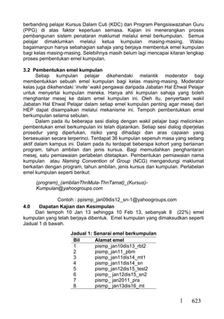623
berbanding pelajar Kursus Dalam Cuti (KDC) dan Program Pengsiswazahan Guru
(PPG) di atas faktor keperluan semasa. Kajian ini menerangkan proses
pembangunan sistem penataran maklumat melalui emel berkumpulan. Semua
pelajar dimaklumkan melalui ketua kumpulan masing-masing. Walau
bagaimanpun hanya sebahagian sahaja yang berjaya membentuk emel kumpulan
bagi kelas masing-masing. Selebihnya masih belum lagi mencapai kitaran lengkap
proses pembentukan emel kumpulan.
3.2 Pembentukan emel kumpulan
Setiap kumpulan pelajar dikehendaki melantik moderator bagi
membentukkan sebuah emel kumpulan bagi kelas masing-masing. Moderator
kelas juga dikehendaki ‘invite’ wakil pengawai daripada Jabatan Hal Ehwal Pelajar
untuk menyertai kumpulan mereka. Hanya ahli kumpulan sahaja yang boleh
menghantar mesej ke dalam emel kumpulan ini. Oleh itu, penyertaan wakil
Jabatan Hal Ehwal Pelajar dalam setiap emel kumpulan penting agar mesej dari
HEP dapat disampaikan melalui mekanisme ini. Tempoh pembentukkan emel
berkumpulan selama sebulan.
Dalam pada itu beberapa sesi dialog dengan wakil pelajar bagi melicinkan
pembentukan emel berkumpulan ini telah dijalankan. Setiap sesi dialog diperjelas
prosedur yang diperlukan, risiko yang dihadapi dan aras capaian yang
bersesuaian secara terperinci. Terdapat 36 kumpulan sepenuh masa yang sedang
aktif dalam kampus ini. Dalam pada itu terdapat beberapa kohort yang berlainan
program, tahun ambilan dan jenis kursus. Bagi memudahkan penghantaran
mesej, satu pemiawaian perlabelan ditetapkan. Pembentukan pemiawaian nama
kumpulan atau Naming Convention of Group (NCG) mengandungi maklumat
berkaitan dengan program, tahun ambilan, jenis kursus dan kumpulan. Perlabelan
emel kumpulan seperti berikut:
4.0 Dapatan Kajian dan Kesimpulan
Dari tempoh 10 Jan 13 sehingga 10 Feb 13, sebanyak 8 (22%) emel
kumpulan yang telah berjaya dibentuk. Emel kumpulan yang dimaksudkan seperti
Jadual 1 di bawah.
Jadual 1: Senarai emel berkumpulan
Bil Alamat emel
1 pismp_jan10dis13_rbt2
2 pismp_jan11_pbm
3 pismp_jan11dis14_mt1
4 pismp_jan11dis14_sn
5 pismp_jan12dis15_tesl2
6 pismp_ jan12dis15_sn2
7 pismp_ jan2011_pra
8 pismp_ jan13dis16_mt
(program)_(ambilanThnMula-ThnTamat)_(Kursus)-
Kumpulan@yahoogroups.com
Contoh : ppismp_jan09dis12_sn-1@yahoogroups.com
 