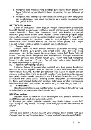 441
a. mengenal pasti masalah yang dihadapi guru pelatih dalam proses PdP
Topik Fotografi kursus teknologi dalam pengajaran dan pembelajaran di
IPGKIK
b. mengenal pasti cadangan penambahbaikan terhadap kaedah pengajaran
dan pembelajaran yang dapat membantu guru pelatih menguasai topik
Fotografi di IPGKIK
METODOLOGI KAJIAN
Kajian ini merupakan kajian tinjauan dengan menggunakan pendekatan
kualitatif. Kaedah pengumpulan maklumat adalah menggunakan sesi temubual
separa berstruktur. Temu bual merupakan salah satu kaedah mengumpul
maklumat yang utama dalam kajian tinjauan. Melalui temubual pengkaji dapat
mengetahui perasaan sebenar yang dialami subjek kajian (Chua Yan Piaw, 2006).
Sehubungan dengan itu, pemilihan kajian ini sebagai kajian tinjauan amat
bersesuaian untuk meneliti kaedah dan masalah dalam proses PdP Topik
Fotografi kursus Teknologi Dalam Pengajaran Dan Pembelajaran.
2.1 Sampel Kajian
Sampel kajian ini ialah sampel bertujuan (purposive sampling) yang
melibatkan 9 orang guru pelatih, iaitu empat orang lelaki dan lima orang
perempuan yang terlibat secara langsung dalam proses PdP Topik Fotografi
kursus Teknologi Dalam Pengajaran Dan Pembelajaran. Bilangan keseluruhan
guru pelatih semester satu, ambilan Januari 2013, PISMP yang wajib mengambil
kursus ini ialah seramai 112 orang. Sampel kajian dalam kajian kualitatif ini
dipanggil juga sebagai subjek kajian.
2.2 Instrumen Pengumpulan Data
Instrumen kajian ini menggunakan protokol temu bual separa berstruktur
berasaskan kepada objektif kajian ini. Satu set protokol telah disediakan untuk
mendapatkan maklumat. Kaedah pengumpulan data kajian ini adalah dengan
menemu bual sembilan orang guru pelatih tersebut. Temu bual dijalankan dengan
guru pelatih setelah mereka mengikuti proses PdP selama 50 kali daripada 60 kali
keseluruhan PdP untuk kursus Teknologi Dalam Pengajaran Dan Pembelajaran
ini. Temu bual tersebut dicatat oleh pengkaji. Seterusnya pengkaji menganalisis
hasil temu bual untuk mendapatkan tema-tema yang berkaitan dengan kajian ini
2.3 Analisis Data
Data telah dianalisis secara kualitatif untuk mengenal pasti tema-tema yang
wujud daripada persoalan-persoalan kajian tersebut.
DAPATAN KAJIAN
Dapatan kajian di bawah ini akan dibincangkan satu persatu berdasarkan
objektif kajian yang telah dinyatakan sebelum ini.
3.1 Persepsi guru pelatih terhadap masalah yang dihadapi dalam proses PdP
topik Fotografi bagi kursus Teknologi dalam Pengajaran dan Pembelajaran di
IPGKIK
Jadual 1
Persepsi guru pelatih terhadap masalah yang dihadapi dalam proses PdP topik
Fotografi bagi kursus Teknologi dalam Pengajaran dan Pembelajaran di IPGKIK
 