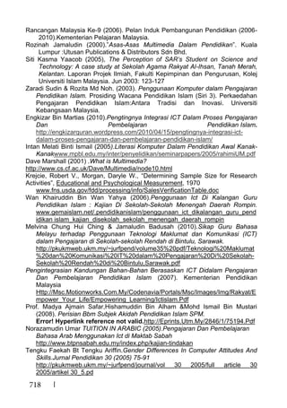 718
Rancangan Malaysia Ke-9 (2006). Pelan Induk Pembangunan Pendidikan (2006-
2010).Kementerian Pelajaran Malaysia.
Rozinah Jamaludin (2000).”Asas-Asas Multimedia Dalam Pendidikan”. Kuala
Lumpur :Utusan Publications & Distributors Sdn Bhd.
Siti Kasma Yaacob (2005), The Perception of SAR’s Student on Science and
Technology: A case study at Sekolah Agama Rakyat Al-Ihsan, Tanah Merah,
Kelantan. Laporan Projek Ilmiah, Fakulti Kepimpinan dan Pengurusan, Kolej
Universiti Islam Malaysia. Jun 2003: 123-127
Zaradi Sudin & Rozita Md Noh. (2003). Penggunaan Komputer dalam Pengajaran
Pendidikan Islam. Prosiding Wacana Pendidikan Islam (Siri 3). Perkaedahan
Pengajaran Pendidikan Islam:Antara Tradisi dan Inovasi. Universiti
Kebangsaan Malaysia.
Engkizar Bin Martias (2010).Pengtingnya Integrasi ICT Dalam Proses Pengajaran
Dan Pembelajaran Pendidikan Islam.
http://engkizarquran.wordpress.com/2010/04/15/pengtingnya-integrasi-ict-
dalam-proses-pengajaran-dan-pembelajaran-pendidikan-islam/
Intan Melati Binti Ismail (2005).Literasi Komputer Dalam Pendidikan Awal Kanak-
Kanakwww.mpbl.edu.my/inter/penyelidikan/seminarpapers/2005/rahimiUM.pdf
Dave Marshall (2001) .What is Multimedia?
http://www.cs.cf.ac.uk/Dave/Multimedia/node10.html
Krejcie, Robert V., Morgan, Daryle W., “Determining Sample Size for Research
Activities”, Educational and Psychological Measurement, 1970
www.fns.usda.gov/fdd/processing/info/SalesVerificationTable.doc
Wan Khairuddin Bin Wan Yahya (2006).Penggunaan Ict Di Kalangan Guru
Pendidikan Islam : Kajian Di Sekolah-Sekolah Menengah Daerah Rompin.
www.gemaislam.net/.pendidikanislam/penggunaan_ict_dikalangan_guru_pend
idikan islam_kajian_disekolah_sekolah_menengah_daerah_rompin
Melvina Chung Hui Ching & Jamaludin Badusah (2010).Sikap Guru Bahasa
Melayu terhadap Penggunaan Teknologi Maklumat dan Komunikasi (ICT)
dalam Pengajaran di Sekolah-sekolah Rendah di Bintulu, Sarawak.
http://pkukmweb.ukm.my/~jurfpend/volume35%20pdf/Teknologi%20Maklumat
%20dan%20Komunikasi%20IT%20dalam%20Pengajaran%20Di%20Sekolah-
Sekolah%20Rendah%20di%20Bintulu,Sarawak.pdf
Pengintegrasian Kandungan Bahan-Bahan Berasaskan ICT Didalam Pengajaran
Dan Pembelajaran Pendidikan Islam (2007). Kementerian Pendidikan
Malaysia
Http://Msc.Motionworks.Com.My/Codenavia/Portals/Msc/Images/Img/Rakyat/E
mpower_Your_Life/Empowering_Learning/Ictislam.Pdf
Prof. Madya Ajmain Safar,Hishamuddin Bin Alham &Mohd Ismail Bin Mustari
(2008). Perisian Bbm Subjek Akidah Pendidikan Islam SPM.
Error! Hyperlink reference not valid.http://Eprints.Utm.My/2846/1/75194.Pdf
Norazamudin Umar TUITION IN ARABIC (2005).Pengajaran Dan Pembelajaran
Bahasa Arab Menggunakan Ict di Maktab Sabah
http://www.btpnsabah.edu.my/index.php/kajian-tindakan
Tengku Faekah Bt Tengku Ariffin.Gender Differences In Computer Attitudes And
Skills.Jurnal Pendidikan 30 (2005) 75-91
http://pkukmweb.ukm.my/~jurfpend/journal/vol 30 2005/full article 30
2005/artikel 30_5.pd
 