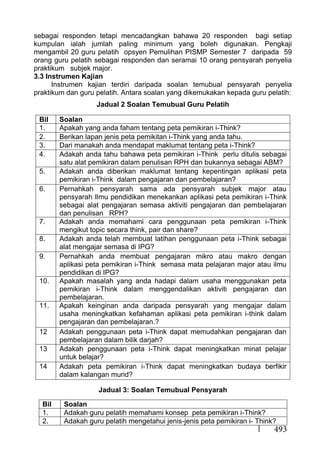 493
sebagai responden tetapi mencadangkan bahawa 20 responden bagi setiap
kumpulan ialah jumlah paling minimum yang boleh digunakan. Pengkaji
mengambil 20 guru pelatih opsyen Pemulihan PISMP Semester 7 daripada 59
orang guru pelatih sebagai responden dan seramai 10 orang pensyarah penyelia
praktikum subjek major.
3.3 Instrumen Kajian
Instrumen kajian terdiri daripada soalan temubual pensyarah penyelia
praktikum dan guru pelatih. Antara soalan yang dikemukakan kepada guru pelatih:
Jadual 2 Soalan Temubual Guru Pelatih
Bil Soalan
1. Apakah yang anda faham tentang peta pemikiran i-Think?
2. Berikan lapan jenis peta pemikitan i-Think yang anda tahu.
3. Dari manakah anda mendapat maklumat tentang peta i-Think?
4. Adakah anda tahu bahawa peta pemikiran i-Think perlu ditulis sebagai
satu alat pemikiran dalam penulisan RPH dan bukannya sebagai ABM?
5. Adakah anda diberikan maklumat tentang kepentingan aplikasi peta
pemikiran i-Think dalam pengajaran dan pembelajaran?
6. Pernahkah pensyarah sama ada pensyarah subjek major atau
pensyarah Ilmu pendidikan menekankan aplikasi peta pemikiran i-Think
sebagai alat pengajaran semasa aktiviti pengajaran dan pembelajaran
dan penulisan RPH?
7. Adakah anda memahami cara penggunaan peta pemikiran i-Think
mengikut topic secara think, pair dan share?
8. Adakah anda telah membuat latihan penggunaan peta i-Think sebagai
alat mengajar semasa di IPG?
9. Pernahkah anda membuat pengajaran mikro atau makro dengan
aplikasi peta pemikiran i-Think semasa mata pelajaran major atau ilmu
pendidikan di IPG?
10. Apakah masalah yang anda hadapi dalam usaha menggunakan peta
pemikiran i-Think dalam menggendalikan aktiviti pengajaran dan
pembelajaran.
11. Apakah keinginan anda daripada pensyarah yang mengajar dalam
usaha meningkatkan kefahaman aplikasi peta pemikiran i-think dalam
pengajaran dan pembelajaran.?
12 Adakah penggunaan peta i-Think dapat memudahkan pengajaran dan
pembelajaran dalam bilik darjah?
13 Adakah penggunaan peta i-Think dapat meningkatkan minat pelajar
untuk belajar?
14 Adakah peta pemikiran i-Think dapat meningkatkan budaya berfikir
dalam kalangan murid?
Jadual 3: Soalan Temubual Pensyarah
Bil Soalan
1. Adakah guru pelatih memahami konsep peta pemikiran i-Think?
2. Adakah guru pelatih mengetahui jenis-jenis peta pemikiran i- Think?
 