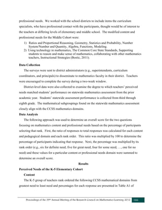 Proceedings of the 39th Annual Meeting of the Research Council on Mathematics Learning 2012 166
professional needs. We worked with the school districts to include items the curriculum
specialists, who have professional contact with the participants, thought would be of interest to
the teachers at differing levels of elementary and middle school. The modified content and
professional needs for the Middle Cohort were:
1) Ratios and Proportional Reasoning, Geometry, Statistics and Probability, Number
System/Number and Quantity, Algebra, Functions, Modeling.
2) Using technology in mathematics, The Common Core State Standards, Supporting
students to reason and make sense of mathematics, collaborating with other mathematics
teachers, Instructional Strategies (Bostic, 2011).
Data Collection
The surveys were sent to district administrators (e.g., superintendents, curriculum
coordinators, and principals) to disseminate to mathematics faculty in their district. Teachers
were encouraged to complete the survey during a two-week window.
District-level data were also collected to examine the degree to which teachers’ perceived
needs matched students’ performance on statewide mathematics assessment from the prior
academic year. Students’ statewide assessment performance is collected from third through
eighth grade. The mathematical subgroupings found on the statewide mathematics assessment
closely align with the CCSS mathematics domains.
Data Analysis
The following approach was used to determine an overall score for the two questions
focusing on mathematics content and professional needs based on the percentage of participants
selecting that rank. First, the ratio of responses to total responses was calculated for each content
and pedagogical domain and each rank order. This ratio was multiplied by 100 to determine the
percentage of participants indicating that response. Next, the percentage was multiplied by its
rank order (e.g., six for definite need, five for great need, four for some need, …, one for no
need) and these values for a particular content or professional needs domain were summed to
determine an overall score.
Results
Perceived Needs of the K-5 Elementary Cohort
Content
The K-5 group of teachers rank ordered the following CCSS mathematical domains from
greatest need to least need and percentages for each response are presented in Table A1 of
 