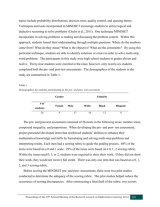 Proceedings of the 39th Annual Meeting of the Research Council on Mathematics Learning 2012 201
topics include probability distributions, decision trees, quality control, and queuing theory.
Techniques and tools incorporated in MINDSET encourage students to utilize logical and
deductive reasoning to solve problems (Chelst et al., 2011). One technique MINDSET
incorporates in solving problems is reading and discussing the problem context. Within this
approach, students funnel their understanding through multiple questions: Where do the numbers
come from? What do they mean? What is the objective? What are the constraints? By using this
particular technique, students are able to identify solutions or errors in order to solve multi-step
word problems. The participants in this study were high school students in grades eleven and
twelve. Thirty-four students were enrolled in the class; however, only twenty-six students
completed both the pre- and post-test assessments. The demographics of the students in the
study are summarized in Table 1.
Table 1.
Demographics for students participating in the pre- and post- test assessment
Gender Ethnicity
# of
students
Female Male White Black Hispanic
26 9 17 10 12 4
The pre- and post-test assessment consisted of 28-items in the following areas: number sense,
compound inequality, and proportions. When developing the pre- and post- test assessment,
project personnel developed items that reinforced students’ abilities to enhance their
mathematical knowledge and skills by formulating and solving multi-step problems and
interpreting results. Each item had a scoring rubric to guide the grading process. 68% of the
items were based on a 0 and 1 scale. 29% of the items were based on a 0, 1, 2 scoring rubric.
Within the items rated 0, 1, or 2, students were required to show their work. If they did not show
their work, they would not receive full credit. There was only one item that was based on a 0, 1,
2, and 3 scoring rubric.
Before scoring the MINDSET pre- and post- assessments, there were two pilot studies
conducted to determine the adequacy of the scoring rubric. The pilot studies helped reduce the
occurrence of scoring discrepancies. After constructing a final draft of the rubric, two scorers
 