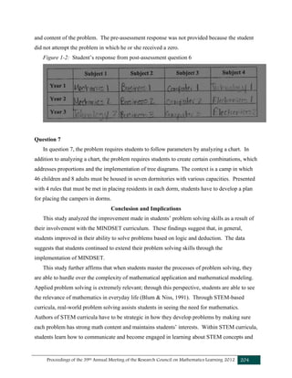 Proceedings of the 39th Annual Meeting of the Research Council on Mathematics Learning 2012 204
and content of the problem. The pre-assessment response was not provided because the student
did not attempt the problem in which he or she received a zero.
Figure 1-2: Student’s response from post-assessment question 6
Question 7
In question 7, the problem requires students to follow parameters by analyzing a chart. In
addition to analyzing a chart, the problem requires students to create certain combinations, which
addresses proportions and the implementation of tree diagrams. The context is a camp in which
46 children and 8 adults must be housed in seven dormitories with various capacities. Presented
with 4 rules that must be met in placing residents in each dorm, students have to develop a plan
for placing the campers in dorms.
Conclusion and Implications
This study analyzed the improvement made in students’ problem solving skills as a result of
their involvement with the MINDSET curriculum. These findings suggest that, in general,
students improved in their ability to solve problems based on logic and deduction. The data
suggests that students continued to extend their problem solving skills through the
implementation of MINDSET.
This study further affirms that when students master the processes of problem solving, they
are able to hurdle over the complexity of mathematical application and mathematical modeling.
Applied problem solving is extremely relevant; through this perspective, students are able to see
the relevance of mathematics in everyday life (Blum & Niss, 1991). Through STEM-based
curricula, real-world problem solving assists students in seeing the need for mathematics.
Authors of STEM curricula have to be strategic in how they develop problems by making sure
each problem has strong math content and maintains students’ interests. Within STEM curricula,
students learn how to communicate and become engaged in learning about STEM concepts and
 