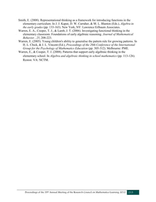 Proceedings of the 39th Annual Meeting of the Research Council on Mathematics Learning 2012 213
Smith, E. (2008). Representational thinking as a framework for introducing functions in the
elementary curriculum. In J. J. Kaput, D. W. Carraher, & M. L. Blanton (Eds.), Algebra in
the early grades (pp. 133-163). New York, NY: Lawrence Erlbaum Associates.
Warren, E. A., Cooper, T. J., & Lamb, J. T. (2006). Investigating functional thinking in the
elementary classroom: Foundations of early algebraic reasoning. Journal of Mathematical
Behavior , 25, 208-223.
Warren, E. (2005). Young children's ability to generalise the pattern rule for growing patterns. In
H. L. Chick, & J. L. Vincent (Ed.), Proceedings of the 20th Conference of the International
Group for the Psychology of Mathematics Education (pp. 305-312). Melbourne: PME.
Warren, E., & Cooper, T. J. (2008). Patterns that support early algebraic thinking in the
elementary school. In Algebra and algebraic thinking in school mathematics (pp. 113-126).
Reston: VA: NCTM.
 