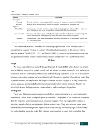 Proceedings of the 39th Annual Meeting of the Research Council on Mathematics Learning 2012 17
Table 1.
Generalization Framework (Lannin, 2005)
Strategy Description
Non-explicit
Counting Drawing a picture or constructing a model to represent the situation to count the desired attribute.
Recursive Building on the previous term or terms in the sequence to determine the subsequent term.
Explicit
Whole-Object Using a portion as unit to construct a larger unit by multiplying (e.g. 3 sodas cost $8 so 9 sodas cost
$24). There may or may not be an appropriate adjustment for over or undercounting.
Guess-and-Check Guessing a rule without regard to why the rule might work. This usually involves experimenting with
various operations and numbers provided within the context of the situation or problem.
Contextual Construction of a rule based on information provided in the context of the problem and relating that
to a counting technique.
This framework presents a model for the increasing sophistication of the different types of
generalizations students produce in a variety of mathematical situations. In this study, we draw
upon the work of English (1991, 1993) and Lannin (2005) to categorize the enumeration strategies
and generalizations that students make as they construct sample space for a combinatorial task.
Methods
Design
We chose a parallel mixed methods design (Creswell & Clark, 2011), where there were at least
two parallel and independent strands, which each has its own questions, data collection, and analytic
techniques. First we collected quantitative data and statistically analyzed it to test for an association
between enumeration strategy and generalization rule. Second, we qualitatively analyzed video data
to provide a contextual explanation for the processes that students engaged in as they enumerated
sample space and generalized about their enumerations for other similar situations. Finally, we
mixed both sets of findings to create a more cohesive understanding of the problem.
Participants
There were 86 undergraduate students, enrolled in a mathematics course at a university in the
southeastern United States, who participated in this study. The purpose of the course was to prepare
them for entry into an elementary teacher education program. Then we purposefully selected a
secondary sample of eight participants for follow up interviews. They were selected based upon
whether they demonstrated growth, regression of understanding, consistently high, or consistently
low understanding across the tasks. This criterion was important to assure that we reached data
 