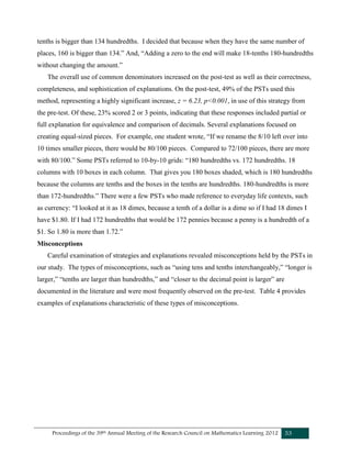 Proceedings of the 39th Annual Meeting of the Research Council on Mathematics Learning 2012 53
tenths is bigger than 134 hundredths. I decided that because when they have the same number of
places, 160 is bigger than 134.” And, “Adding a zero to the end will make 18-tenths 180-hundredths
without changing the amount.”
The overall use of common denominators increased on the post-test as well as their correctness,
completeness, and sophistication of explanations. On the post-test, 49% of the PSTs used this
method, representing a highly significant increase, z = 6.23, p<0.001, in use of this strategy from
the pre-test. Of these, 23% scored 2 or 3 points, indicating that these responses included partial or
full explanation for equivalence and comparison of decimals. Several explanations focused on
creating equal-sized pieces. For example, one student wrote, “If we rename the 8/10 left over into
10 times smaller pieces, there would be 80/100 pieces. Compared to 72/100 pieces, there are more
with 80/100.” Some PSTs referred to 10-by-10 grids: “180 hundredths vs. 172 hundredths. 18
columns with 10 boxes in each column. That gives you 180 boxes shaded, which is 180 hundredths
because the columns are tenths and the boxes in the tenths are hundredths. 180-hundredths is more
than 172-hundredths.” There were a few PSTs who made reference to everyday life contexts, such
as currency: “I looked at it as 18 dimes, because a tenth of a dollar is a dime so if I had 18 dimes I
have $1.80. If I had 172 hundredths that would be 172 pennies because a penny is a hundredth of a
$1. So 1.80 is more than 1.72.”
Misconceptions
Careful examination of strategies and explanations revealed misconceptions held by the PSTs in
our study. The types of misconceptions, such as “using tens and tenths interchangeably,” “longer is
larger,” “tenths are larger than hundredths,” and “closer to the decimal point is larger” are
documented in the literature and were most frequently observed on the pre-test. Table 4 provides
examples of explanations characteristic of these types of misconceptions.
 