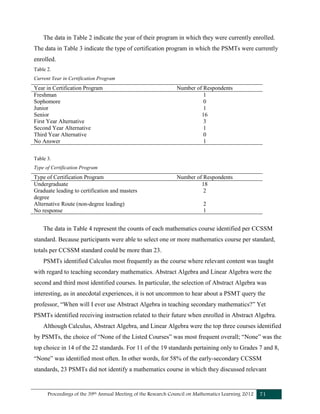 Proceedings of the 39th Annual Meeting of the Research Council on Mathematics Learning 2012 71
The data in Table 2 indicate the year of their program in which they were currently enrolled.
The data in Table 3 indicate the type of certification program in which the PSMTs were currently
enrolled.
Table 2.
Current Year in Certification Program
Year in Certification Program Number of Respondents
Freshman 1
Sophomore 0
Junior 1
Senior 16
First Year Alternative 3
Second Year Alternative 1
Third Year Alternative 0
No Answer 1
Table 3.
Type of Certification Program
Type of Certification Program Number of Respondents
Undergraduate 18
Graduate leading to certification and masters
degree
2
Alternative Route (non-degree leading) 2
No response 1
The data in Table 4 represent the counts of each mathematics course identified per CCSSM
standard. Because participants were able to select one or more mathematics course per standard,
totals per CCSSM standard could be more than 23.
PSMTs identified Calculus most frequently as the course where relevant content was taught
with regard to teaching secondary mathematics. Abstract Algebra and Linear Algebra were the
second and third most identified courses. In particular, the selection of Abstract Algebra was
interesting, as in anecdotal experiences, it is not uncommon to hear about a PSMT query the
professor, “When will I ever use Abstract Algebra in teaching secondary mathematics?” Yet
PSMTs identified receiving instruction related to their future when enrolled in Abstract Algebra.
Although Calculus, Abstract Algebra, and Linear Algebra were the top three courses identified
by PSMTs, the choice of “None of the Listed Courses” was most frequent overall; “None” was the
top choice in 14 of the 22 standards. For 11 of the 19 standards pertaining only to Grades 7 and 8,
“None” was identified most often. In other words, for 58% of the early-secondary CCSSM
standards, 23 PSMTs did not identify a mathematics course in which they discussed relevant
 