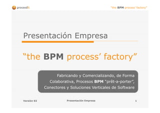 “the BPM process’ factory”
Versión 02 Presentación Empresa 1
Presentación Empresa
“the BPM process’ factory”
Fabricando y Comercializando, de Forma
Colaborativa, Procesos BPM “prêt-a-porter”,
Conectores y Soluciones Verticales de Software
 