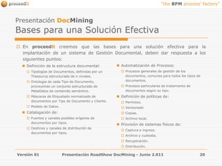 Versión 01Presentación RoadShow DocMining - Junio 2.01120Presentación DocMiningBases para una Solución EfectivaEn proceedit creemos que las bases para una solución efectiva para la implantación de un sistema de Gestión Documental, deben dar respuesta a los siguientes puntos:Automatización de Procesos:Procesos generales de gestión de los documentos, comunes para todos los tipos de documentos.Procesos particulares de tratamiento de documentos según su tipo.Definición de políticas de:Permisos.VersionadoCopias.Archivo local.Provisión de sistemas físicos de:Captura e ingreso.Archivo y custodia.Recuperación.Distribución.Definición de la estructura documental:Tipologías de Documentos, definidas por un Thesaurus estructurado de n niveles.Ontología de cada Tipo de Documento, proveyendo un conjunto estructurado de MetaDatos de contenido semántico. Máscaras de Etiquetado normalizado de documentos por Tipo de Documento y Cliente.Modelo de Datos.Catalogación de:Fuentes y canales posibles orígenes de documentos por tipos.Destinos y canales de distribución de documentos por tipos.