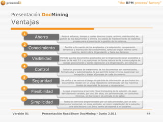 Presentación DocMiningVentajasVersión 01441AhorroReduce esfuerzo, tiempo y costes directos (copia, archivo, distribución) de gestión de los documentos y elimina los costes de mantenimiento de sistemas propios para el soporte de la gestión de los mismos.2ConocimientoFacilita la formación de los empleados y la adquisición, recuperación semántica y distribución del conocimiento, tanto de origen interno como externo, dentro de la Organización y hacia sus terceros3VisibilidadPermite que los documentos publicados por la Organización sean accesibles a través de la web 3.0 y se posicionen de forma natural en la primera página de Google posicionando y dando reputación a la Organización, sin esfuerzo4ControlTodos los procesos de tratamiento de los documentos son normalizados, formalizados y automatizados, lo que permite evitar errores, supervisar por excepción y trazar el proceso de cada documento.5SeguridadSe unifica y se reduce el riesgo de pérdida de información ya que todos los documentos residen en un único repositorio centralizado con los máximos niveles de seguridad de acceso y recuperación 6FlexibilidadLa que proporciona el servicio Cloud Computing de la solución, de pago estrictamente variable, por uso, sin altas, sin permanencias, sin consumos mínimos, sin barreras ni de entrada ni de salida 7SimplicidadTodos los servicios proporcionados por un solo proveedor, con un solo interlocutor comercial, un único contrato, un único implantador de la solución, una sola factura y un único centro de soporte a los usuariosPresentación RoadShow DocMining - Junio 2.011