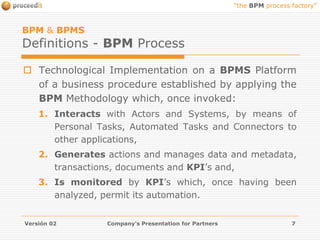 BPM & BPMSDefinitions - BPM Process Technological Implementation on a BPMS Platform of a business procedure established by applying the BPM Methodology which, once invoked:Interacts with Actors and Systems, by means of Personal Tasks, Automated Tasks and Connectors to other applications, Generates actions and manages data and metadata, transactions, documents and KPI’s and,Is monitored by KPI’s which, once having been analyzed, permit its automation.Versión 02Company's Presentation for Partners7