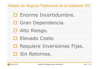 Modelo de Negocio Tradicional de la Industria TICModelo de Negocio Tradicional de la Industria TIC
Enorme Incertidumbre.Enorme Incertidumbre.
Gran Dependencia.Gran Dependencia.
Alto Riesgo.Alto Riesgo.
Modelo de Negocio para MiembrosModelo de Negocio para Miembros V 05V 05 PP 44
Elevado Coste.Elevado Coste.
Requiere Inversiones Fijas.Requiere Inversiones Fijas.
Sin Retornos.Sin Retornos.
 