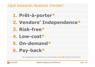¿Qué Desearían Nuestros Clientes?¿Qué Desearían Nuestros Clientes?
1.1. PrêtPrêt--àà--porterporter**
2.2. Vendors’ IndependenceVendors’ Independence**
3.3. RiskRisk--freefree**
Modelo de Negocio para MiembrosModelo de Negocio para Miembros V 05V 05 PP 66
4.4. LowLow--costcost**
5.5. OnOn--demanddemand**
6.6. PayPay--backback**
** Ver el significado de los términos en el documentoVer el significado de los términos en el documento proceedproceeditit ““Glosario de TérminosGlosario de Términos”.”.
 