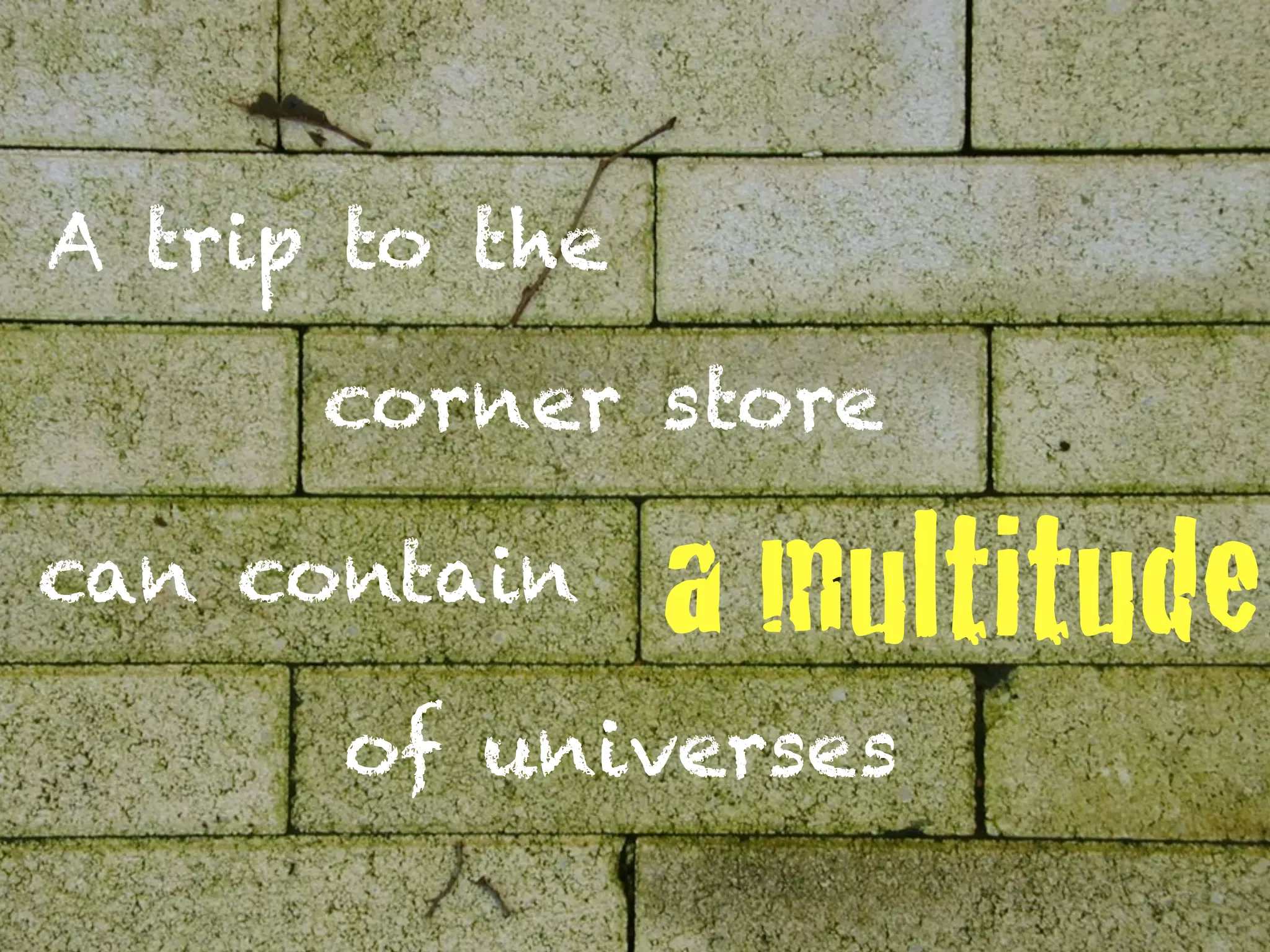 A trip to the

      corner store

can contain     a multitude
      of universes
 