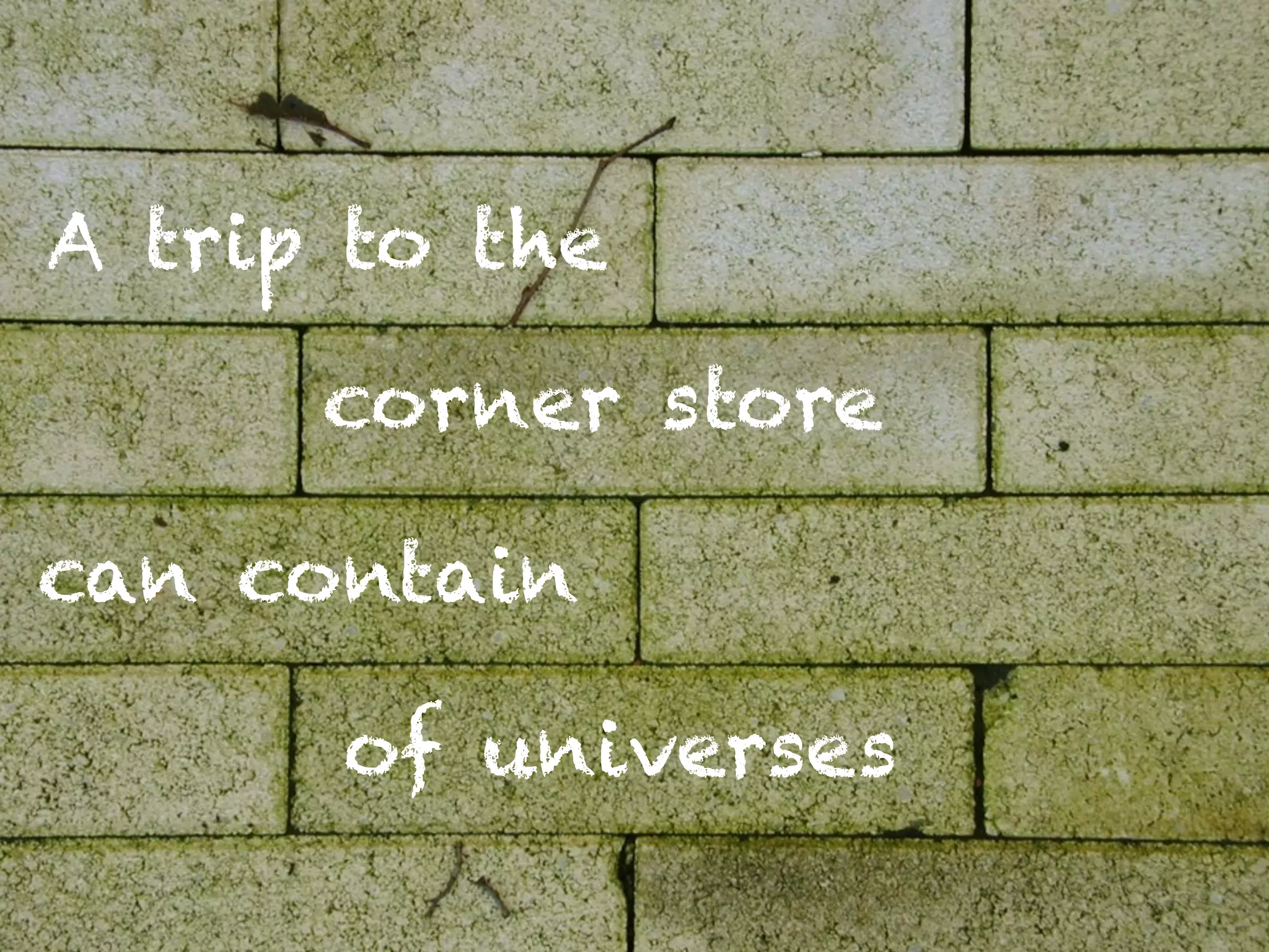 A trip to the

      corner store

can contain

      of universes
 