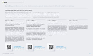 1a
Chamada Pública
(https://eletrobras.com/pt/
Paginas/LabProcel1.aspx)
2a
Chamada Pública
(https://eletrobras.com/pt/
Paginas/LabProcel2.aspx)
3a
Chamada Pública
(https://eletrobras.com/pt/
Paginas/LabProcel3.aspx)
A seleção das startups, micros e pequenas empresas e equipes de ino-
vadores para a participação no programa Lab Procel foi realizada me-
diante chamadas públicas executadas pela Firjan/Senai-RJ.
O Lab Procel prevê a realização de quatro chamadas públicas distin-
2a
Chamada Pública
Programa de Aceleração de Soluções
Inovadoras com Ênfase em Eficiência Energética
com Aplicações nos Setores Residencial,
Comercial, Industrial e Setor Público.
O objetivo foi captar projetos que trouxes-
sem soluções inovadoras para os setores re-
sidencial, comercial, industrial, de serviços e
setorpúblico. Busca-se o desenvolvimento de
dispositivos e sistemas computacionais para
a gestão e/ou automação em tempo real do
consumo energético, seja em edificações e/
ou equipamentos. Ao todo foram 30 inscri-
ções, com 13 selecionados para a fase final e,
novamente, cinco projetos aprovados.
Lab Procel: Laboratório de Inovação para Soluções de Eficiência Energética
PROCESSO DE SELEÇÃO PARA PARTICIPAR NO LAB PROCEL
1a
Chamada Pública
Programa de Aceleração de Soluções Inovadoras
com Ênfase em Eficiência Energética no
Saneamento Ambiental.
O foco foi a aceleração de soluções inovadoras que
potencializem ganhos de eficiência energética em
sistemas de abastecimento de água, esgotamento
sanitário e resíduos sólidos, integrados, ou não, com
sistemas de produção de energia. O desafio atrelado
a este trabalho é implantar novas tecnologias (equi-
pamentos, dispositivos, hardwares e/ou plataformas
associadas a hardwares e softwares) e/ou unidades
piloto que contribuam para a eficiência energética;
sejam escaláveis e que impliquem na relação equi-
librada de custos e benefícios de implantação, ope-
ração e manutenção. Foram inscritos 64 projetos de
diferentes empresas, dos quais 16 chegaram a fase
final, sendo cinco os selecionados.
3a
Chamada Pública
Hackathon Pré-Aceleração Lab Procel
Esta chamada pública selecionou, por meio de um
Hackathon, projetos adequados à participação na
fase de pré-aceleração de soluções inovadoras
em eficiência energética, com seis meses de dura-
ção. Os benefícios contemplaram o fornecimento
de bolsas e vouchers tecnológicos aos integrantes
das equipes selecionadas para utilização no Lab
Procel, de modo a se obter o produto mínimo viá-
vel para cada projeto e o seu consequente modelo
de negócio.
tas, sendo três realizadas nos anos de 2020 e 2021 e a última previs-
ta para abril de 2022. Todas as chamadas foram realizadas após as
restrições impostas pela pandemia de covid-19, diferente do que ti-
nha sido planejado inicialmente. A primeira chamada pública foi lan-
çada em 27/04/2020, durante o período mais crítico de restrições.
4a
Chamada Pública
Hackathon Procel
A 4a
Chamada Pública é destinada a realização
do Hackathon Procel, com premiação financeira, e
visa divulgar a eficiência energética junto a socie-
dade, captando ideias e incentivando o desenvol-
vimento das mesmas.
Resultados Procel 2022 - Ano Base 2021 50
Programa Nacional de Conservação de Energia Elétrica Projetos Estruturantes
 