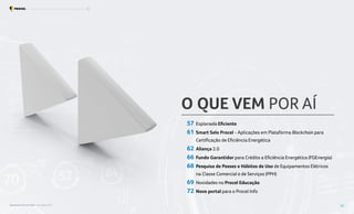 O QUE VEM POR AÍ
57 Esplanada Eficiente
61 Smart Selo Procel - Aplicações em Plataforma Blockchain para
Certificação de Eficiência Energética
62 Aliança 2.0
66 Fundo Garantidor para Crédito a Eficiência Energética (FGEnergia)
68 Pesquisa de Posses e Hábitos de Uso de Equipamentos Elétricos
na Classe Comercial e de Serviços (PPH)
69 Novidades no Procel Educação
72 Novo portal para o Procel Info
Resultados Procel 2022 - Ano Base 2021 56
Programa Nacional de Conservação de Energia Elétrica O que vem por aí
 