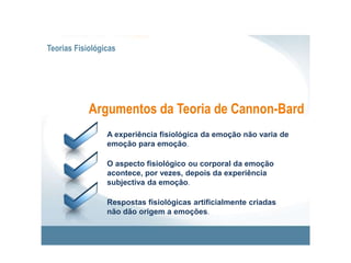 Teorias FisiológicasArgumentos da Teoria de Cannon-BardA experiência fisiológica da emoção não varia de emoção para emoção.O aspecto fisiológico ou corporal da emoção acontece, por vezes, depois da experiência subjectiva da emoção.Respostas fisiológicas artificialmente criadas não dão origem a emoções.