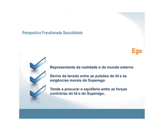 Perspectiva Freudianada SexualidadeAnsiedadeAnsiedade Real - Medo de perigos ou ameaças externasAnsiedade Neurótica – receio de que os impulsos do Id fujam ao controlo do Ego.Ansiedade moral – receio de ser punido por violar normas morais interiorizadas.