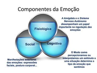 Componentes da EmoçãoSocialCognitivaFisiológicaA Amígdala e o Sistema Nervoso Autónomo desempenham um papel importante na regulação das emoçõesO Modo como percepcionamos ou interpretamos um estímulo e uma situação determina o tipo de emoção que sentimosManifestações exteriores das emoções: expressões faciais, postura corporal...