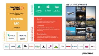 Conseil
Accompagnement à la transformation, à
l'innovation de vos fonctions achat.
Opérations
Mise à disposition d'un ou plusieurs
consultants spécialisés en achats, supply chain
et logistique.
Externalisation
Centres de services dédiés ou partagés à
l'externalisation partielle ou complète de vos
processus.
ACHATS – SUPPLY CHAIN –
LOGISTIQUE
Marketplace
Freelance
Recrutement
Lille, Paris, Nantes,
Toulouse
d’expérience collaborateurs
CONSEILS
 