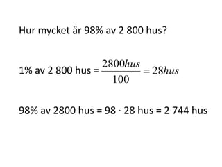 Hur mycket är 98% av 2 800 hus?
1% av 2 800 hus = hus
hus
28
100
2800
Inger Bäckström, Burträsk
 