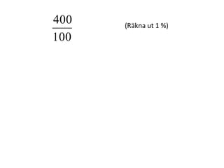 Vi vet också, sedan tidigare,
att hundradelar, eller delat med hundra,
kan skrivas på olika sätt,
%1212,0
100
12
%101,010,0
100
10
%707,0
100
7
%101,0
100
1
Inger Bäckström, Burträsk
 