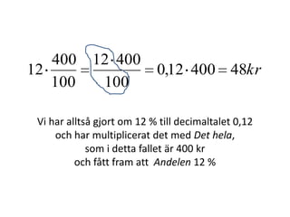 kr4840012,0
100
40012
100
400
12
Vi har alltså gjort om 12 % till decimaltalet 0,12
Inger Bäckström, Burträsk
 