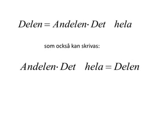 helaDetAndelen
helaDet
helaDetDelen
_
_
_
Vi multiplicerar med Det hela på båda sidor.
Inger Bäckström, Burträsk
 