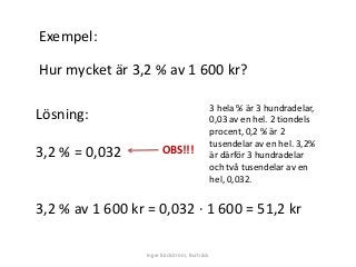 Exempel:
Hur mycket är 3,2 % av 1 600 kr?
Lösning:
3,2 % = 0,032
3,2 % av 1 600 kr = 0,032 ∙ 1 600 = 51,2 kr
Inger Bäckström, Burträsk
OBS!!!
3 hela % är 3 hundradelar,
0,03 av en hel. 2 tiondels
procent, 0,2 % är 2
tusendelar av en hel. 3,2%
är därför 3 hundradelar
och två tusendelar av en
hel, 0,032.
 