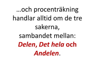 …och procenträkning
handlar alltid om de tre
sakerna,
sambandet mellan:
Delen, Det hela och
Andelen.
Inger Bäckström, Burträsk
 