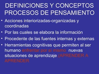 DEFINICIONES Y CONCEPTOS
PROCESOS DE PENSAMIENTO
• Acciones interiorizadas-organizadas y
coordinadas
• Por las cuales se elabora la información
• Procedente de las fuentes internas y externas
• Herramientas cognitivas que permiten al ser
humano enfrentar por sí mismo nuevas
situaciones de aprendizaje.(APRENDER A
APRENDER
 