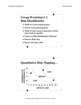 Project Risk Management November 2007
Presented by Keith Farndale. © Procept Associates Ltd., v2007-1
21
Group Workshop # 1:
Risk Identification
Think of a work-related project
You are in the planning phase
Think of what can go wrong (some serious,
some small, be specific)
Express as Risk Identification Statement
Plot on a Risk Map
Do not solve these risks
22
Quantitative Risk Mapping…
PROBABILITYOF
OCCURRENCE(%)
IMPACT ($ ,000)
LOW
HIGH
MEDIUM
0 10 20 30 40 50 60 70 80 90 100
0255075100
 