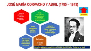 JOSÉ MARÍA CORVACHO Y ABRIL (1785 – 1843)
HIJO :
Antonio Basilio
Sánchez Corbacho y
Santistevan
Escolástica Antonia
de Abril y Olazábal
Fecha de
nacimiento:
1785 (58)
Nacimiento:
Arequipa,
Poeta
magistrado
político
peruano
Apoyo la
revolución de
Mateo Pumacahua
de 1814 y a
Mariano Melgar
Defunción:
1843 (58)
Lima,
Primer rector
del Colegio
Nacional de la
Independencia
Americana
https://es.wikipedia.org/wiki/Jos%C3%A9_Mar%C3%ADa_Corbacho_y_Abril
 