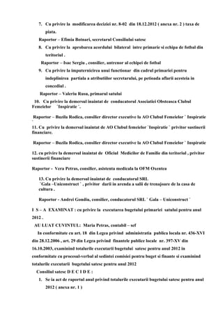 7. Cu privire la modificarea deciziei nr. 8-02 din 18.12.2012 ( anexa nr. 2 ) taxa de
piata.
Raportor – Efimia Botnari, secretarul Consiliului satesc
8. Cu privire la aprobarea acordului bilateral intre primarie si echipa de fotbal din
teritoriul .
Raportor – Isac Sergiu , consilier, antrenor al echipei de fotbal
9. Cu privire la imputernicirea unui functionar din cadrul primariei pentru
indeplinirea partiala a atributiilor secretarului, pe petioada aflarii acesteia in
concediul .
Raportor – Valeriu Rusu, primarul satului
10. Cu privire la demersul inaintat de conducatorul Asociatiei Obsteasca Clubul
Femeielor `Inspiratie `.
Raportor – Buzila Rodica, consilier director executive la AO Clubul Femeielor ` Inspiratie
`
11. Cu privire la demersul inaintat de AO Clubul femeielor `Inspiratie ` privitor sustinerii
financiare.
Raportor – Buzila Rodica, consilier director executive la AO Clubul Femeielor ` Inspiratie
12. cu privire la demersul inaintat de Oficiul Medicilor de Familie din teritoriul , privitor
sustinerii financiare
Raportor - Vera Petras, consilier, asistenta medicala la OFM Oxentea
13. Cu privire la demersul inaintat de conducatorul SRL
`Gala –Uniconstruct ` , privitor darii in arenda a salii de trenajoare de la casa de
cultura .
Raportor - Andrei Gondiu, consilier, conducatorul SRL ` Gala – Uniconstruct `
I S – A EXAMINAT : cu privire la executarea bugetului primariei satului pentru anul
2012 .
AU LUAT CUVINTUL: Maria Petras, contabil – sef
In conformitate cu art. 18 din Legea privind administratia publica locala nr. 436-XVI
din 28.12.2006 , art. 29 din Legea privind finantele publice locale nr. 397-XV din
16.10.2003, examinind totalurile executarii bugetului satesc pentru anul 2012 in
conformitate cu procesul-verbal al sedintei comisiei pentru buget si finante si examinind
totalurile executarii bugetului satesc pentru anul 2012
Consiliul satesc D E C I D E :
1. Se ia act de raportul anul privind totalurile executarii bugetului satesc pentru anul
2012 ( anexa nr. 1 )
 
