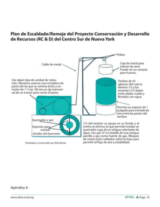 Plan de Escaldado/Remoje del Proyecto Conservación y Desarrollo
de Recursos (RC & D) del Centro Sur de Nueva York


                                                                           Poleas


                         Cable de metal                                       Caja de metal para
                                                                              retener las aves.
                                                                              Puede ser un canasto
                                                                              para huevos.

Use algún tipo de unidad de reduc-                                          Tambor de 55
ción. Nosotros usamos una cortadora de                                      galones del cual se
pasto (de las que se camina atrás) y un                                     eliminó 1/3 y los
motor de 1 ½ hp. Tal vez un eje transver-                                   restantes 2/3 dados
sal de un tractor para cortar el pasto.                                     están dados vuelta y
                                                                            llenados con agua.


                                                                            Permita un espacio de 1
                                                                            pulgada para entrada de
                                                                            aire entre las partes del
                                                                            tambor.
                Quemador a gas
                                                 1/3 del tambor se apoya en su fondo y el
                Soportes para                    centro se elimina, lo que permite instalar un
                      montar                     quemador a gas de un antiguo calentador de
                 Detalles del Quemador           agua. Use gas LP en botella de una antigua
                                                 parrilla a gas como fuente de gas. Bloques
                                                 de metal están soldados sobre la base para
           Diseñado y construido por Bob Banta   permitir el ﬂujo de aire y estabilidad.




Apéndice A

www.attra.ncat.org                                                                  ATTRA        Page 33
 