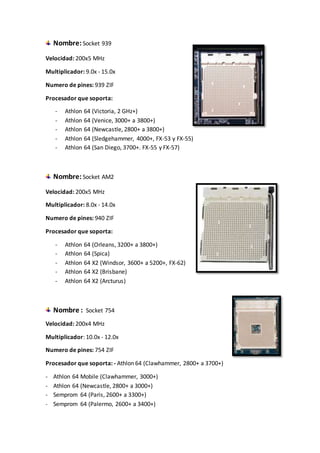 Nombre:Socket 939
Velocidad: 200x5 MHz
Multiplicador: 9.0x - 15.0x
Numero de pines: 939 ZIF
Procesador que soporta:
- Athlon 64 (Victoria, 2 GHz+)
- Athlon 64 (Venice, 3000+ a 3800+)
- Athlon 64 (Newcastle, 2800+ a 3800+)
- Athlon 64 (Sledgehammer, 4000+, FX-53 y FX-55)
- Athlon 64 (San Diego, 3700+. FX-55 y FX-57)
Nombre:Socket AM2
Velocidad: 200x5 MHz
Multiplicador: 8.0x - 14.0x
Numero de pines: 940 ZIF
Procesador que soporta:
- Athlon 64 (Orleans, 3200+ a 3800+)
- Athlon 64 (Spica)
- Athlon 64 X2 (Windsor, 3600+ a 5200+, FX-62)
- Athlon 64 X2 (Brisbane)
- Athlon 64 X2 (Arcturus)
Nombre : Socket 754
Velocidad: 200x4 MHz
Multiplicador: 10.0x - 12.0x
Numero de pines: 754 ZIF
Procesador que soporta: - Athlon 64 (Clawhammer, 2800+ a 3700+)
- Athlon 64 Mobile (Clawhammer, 3000+)
- Athlon 64 (Newcastle, 2800+ a 3000+)
- Semprom 64 (Paris, 2600+ a 3300+)
- Semprom 64 (Palermo, 2600+ a 3400+)
 