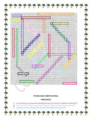 TECNOLOGIA COMPUTACIONAL
PRECUNTAS:
1. ¿En tecnología computacional actualmente es muy común oír hablar en términos?
2. ¿Uno de los términos más comunes en tecnología computacional puede ser?
3. ¿Cuál es uno de los dos grandes grupos de tecnología computacional?
 